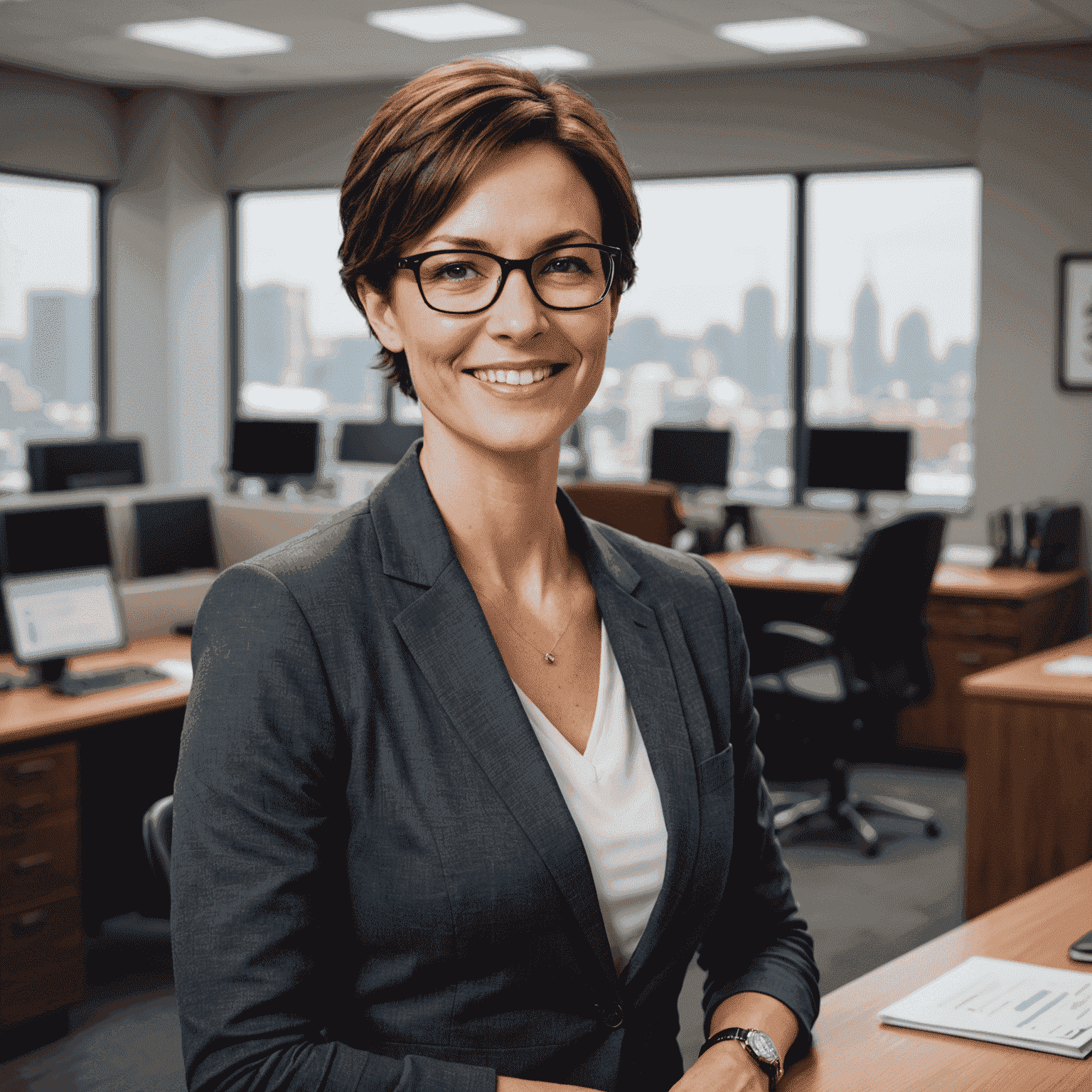 Sarah Johnson, a woman in her mid-30s with short brown hair and glasses, smiling confidently in a professional office setting