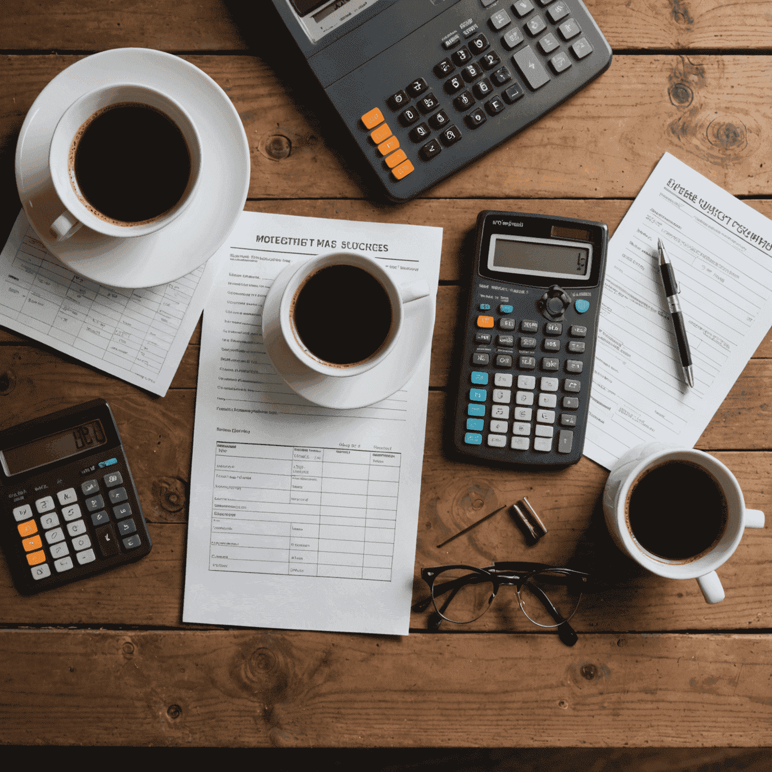 Five different budgeting templates laid out on a rustic wooden desk with a vintage calculator and a cup of coffee, representing essential tools for financial success