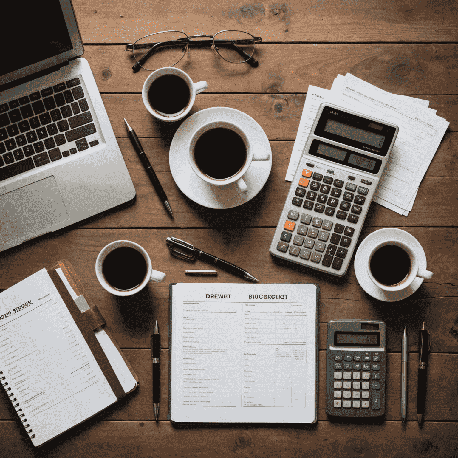 Five different budgeting templates laid out on a rustic wooden desk with a vintage calculator and a cup of coffee, representing essential tools for financial success