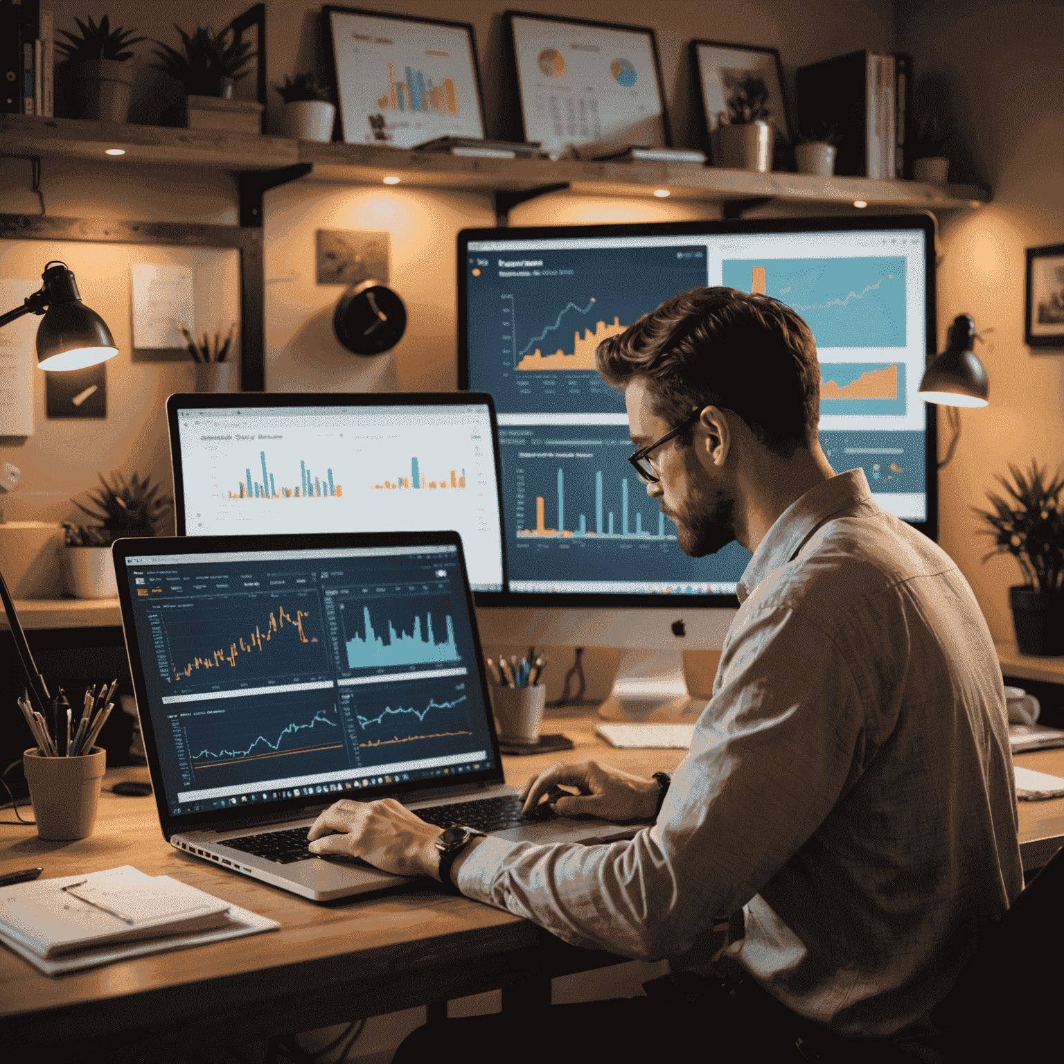 A person working on a laptop with financial charts and custom savings templates visible on the screen. The background shows a cozy home office with industrial-style shelving and warm ambient lighting.