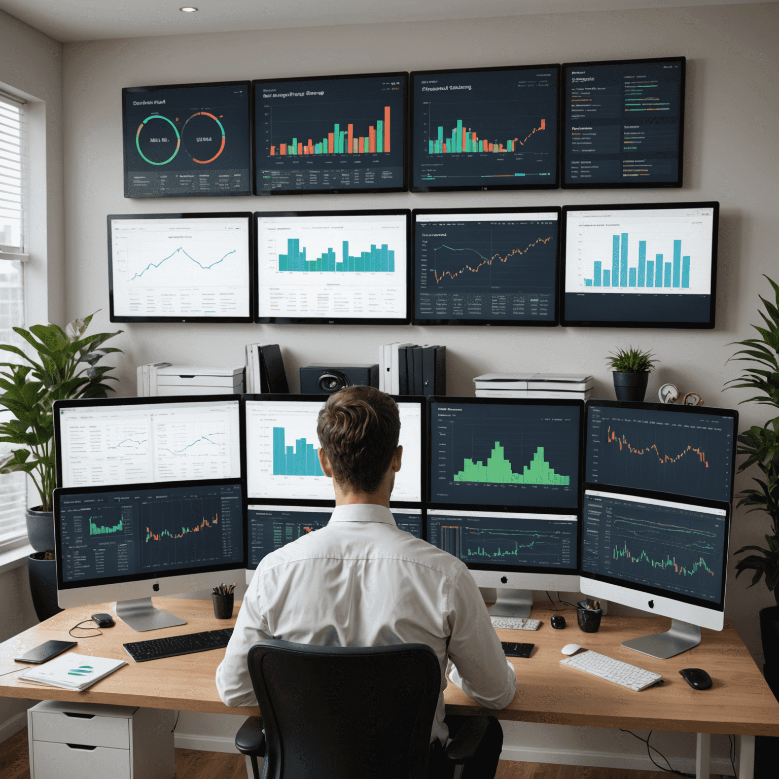 A sophisticated financial planning workspace with multiple screens displaying complex savings charts, spreadsheets, and a person analyzing data