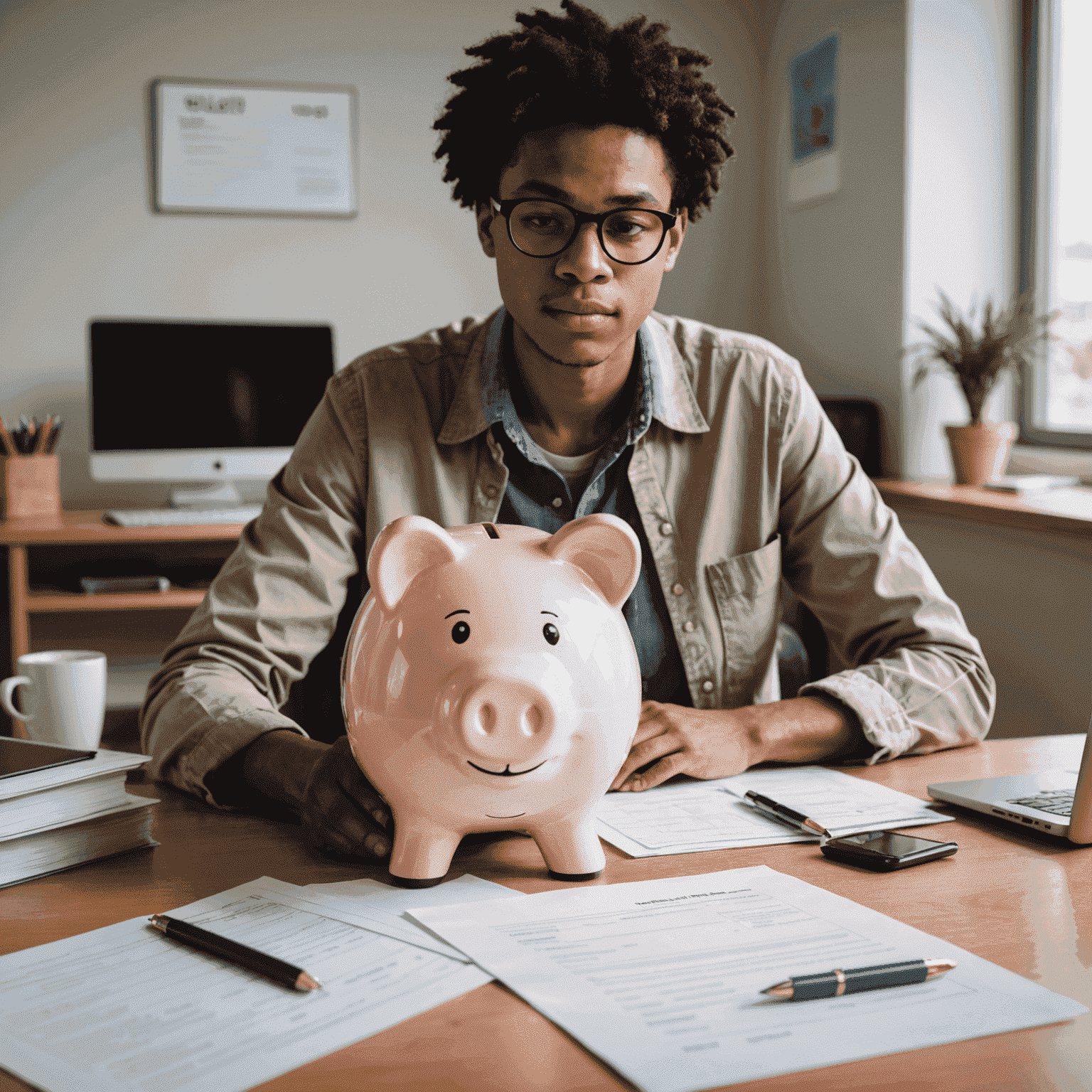 A person sitting at a desk with financial documents and a piggy bank, symbolizing the mental aspects of saving money