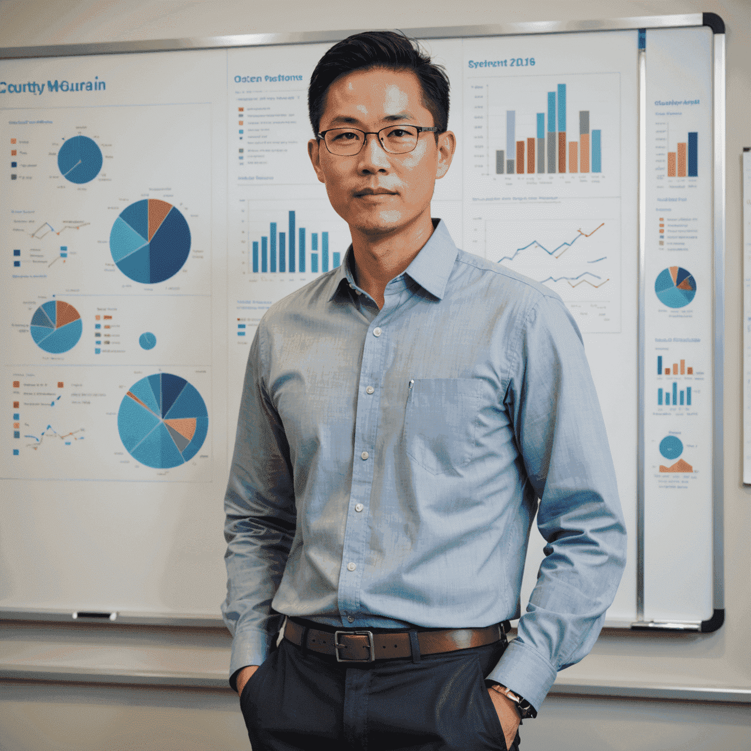 Michael Chen, an Asian man in his early 40s wearing a casual button-up shirt, standing in front of a whiteboard with financial diagrams