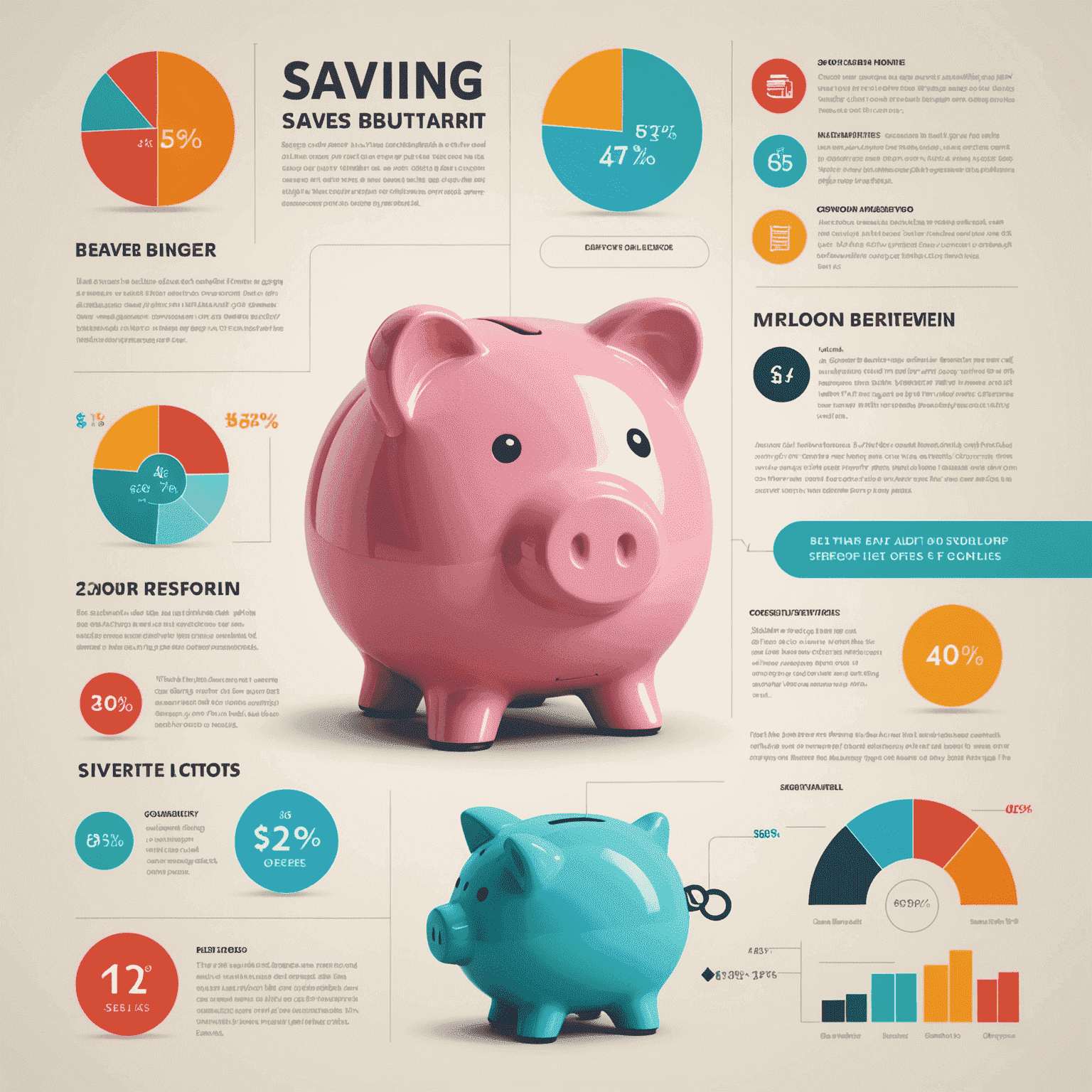 A beginner-friendly infographic showing various savings strategies, including piggy banks, digital apps, and charts, all designed in a clean, modern style to appeal to new savers