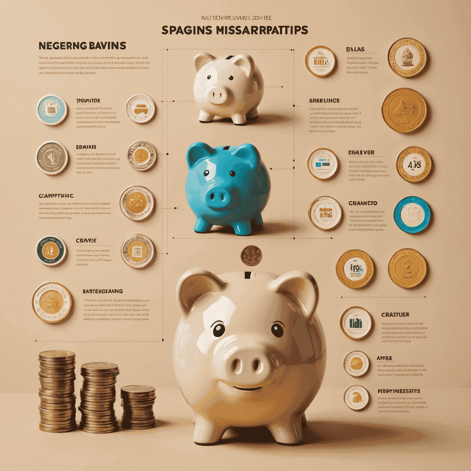 A beginner-friendly infographic showing various savings strategies, with piggy banks, charts, and coins arranged on a warm beige background