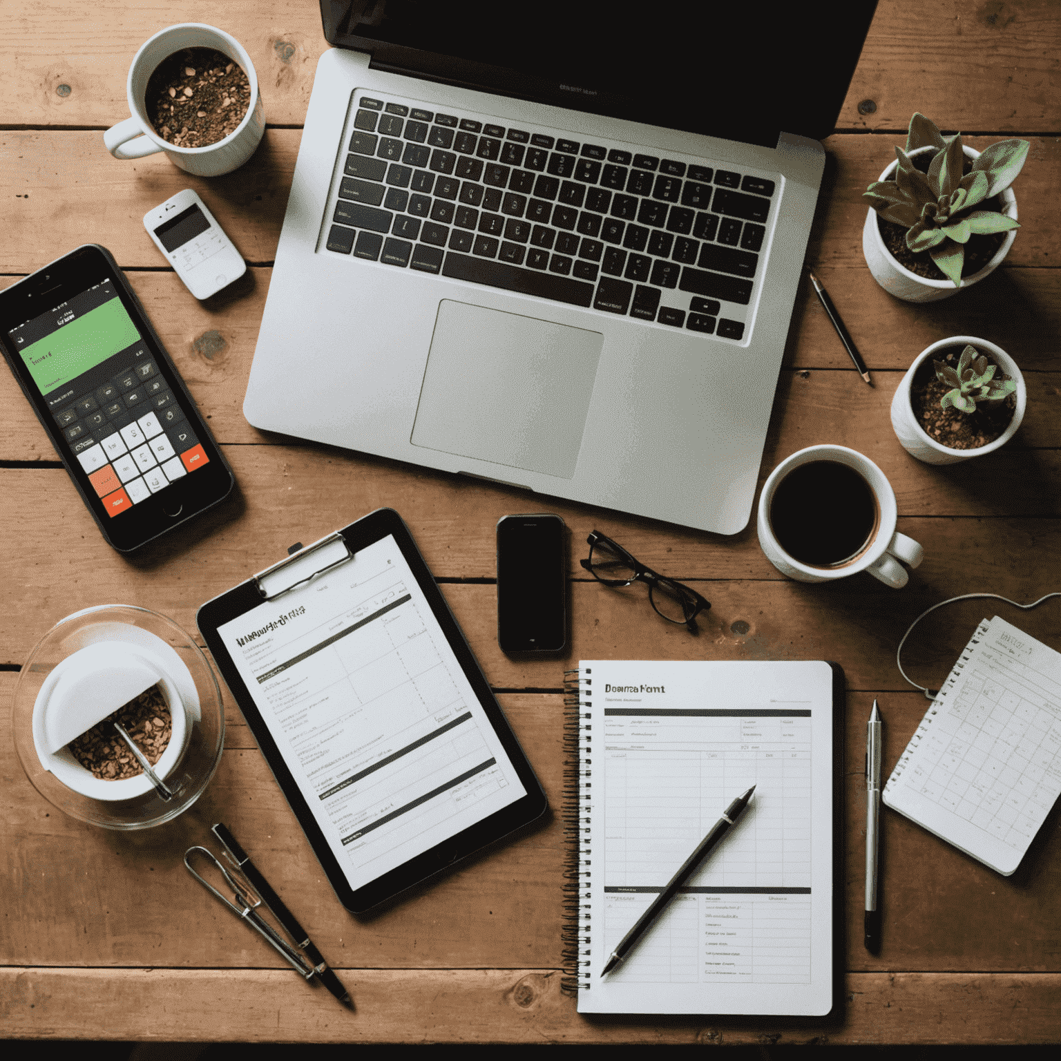 A flat lay image of various budgeting tools including a laptop with spreadsheet software, a smartphone with a budgeting app, and a notebook with handwritten financial plans. The scene is set on a reclaimed wood desk with industrial-style lighting.