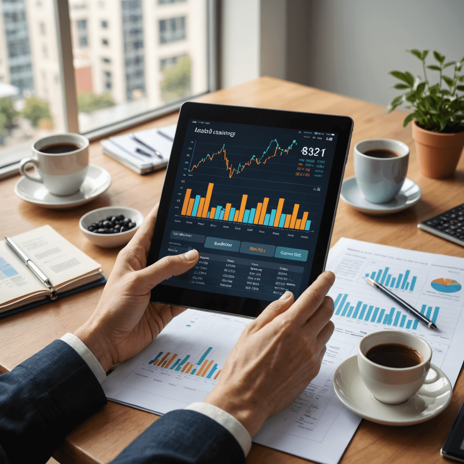 A person looking satisfied while reviewing their savings progress on a tablet, surrounded by positive financial charts and graphs