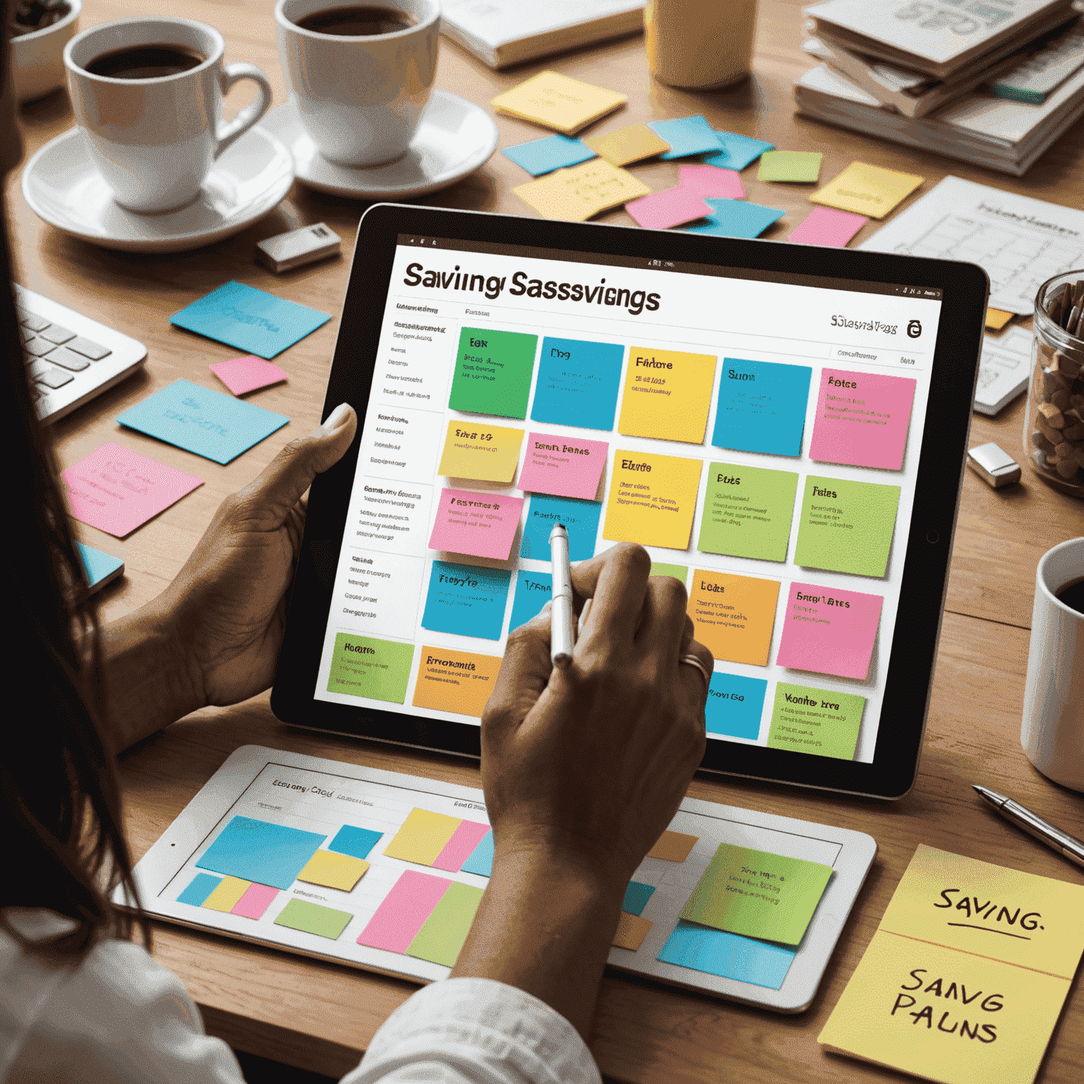 A person customizing a digital savings template on a tablet, surrounded by financial goal sticky notes and a vision board, illustrating the process of creating personalized savings plans