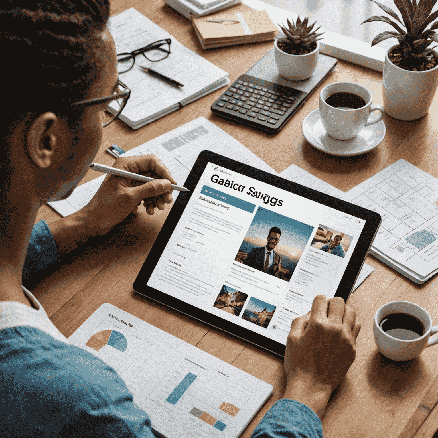 A person customizing a savings template on a tablet, surrounded by financial documents and a vision board representing unique savings goals