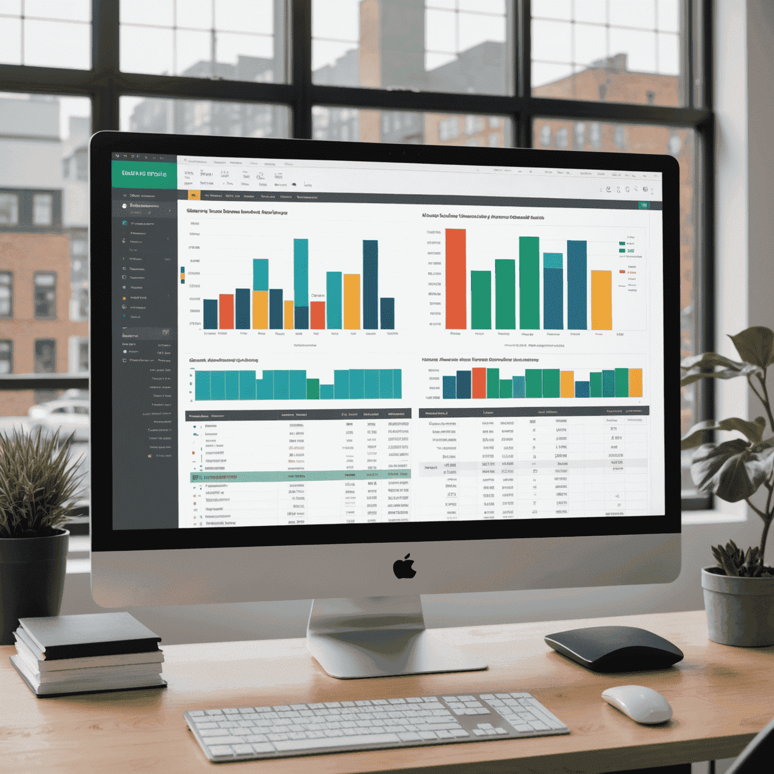 A split-screen view of a custom savings template. On one side, a detailed spreadsheet with automated calculations. On the other, colorful charts showing progress towards various savings goals. The image is displayed on a sleek monitor in an industrial-chic home office setting.