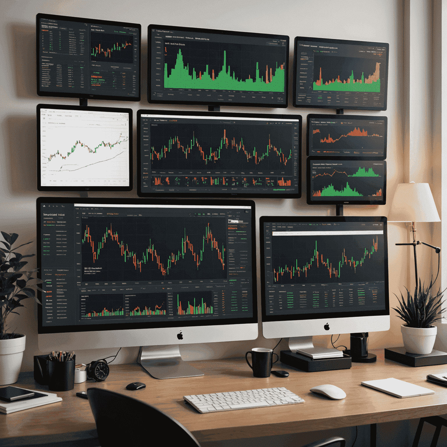 A sophisticated desk setup with multiple screens displaying complex financial charts, advanced savings templates, and investment portfolios