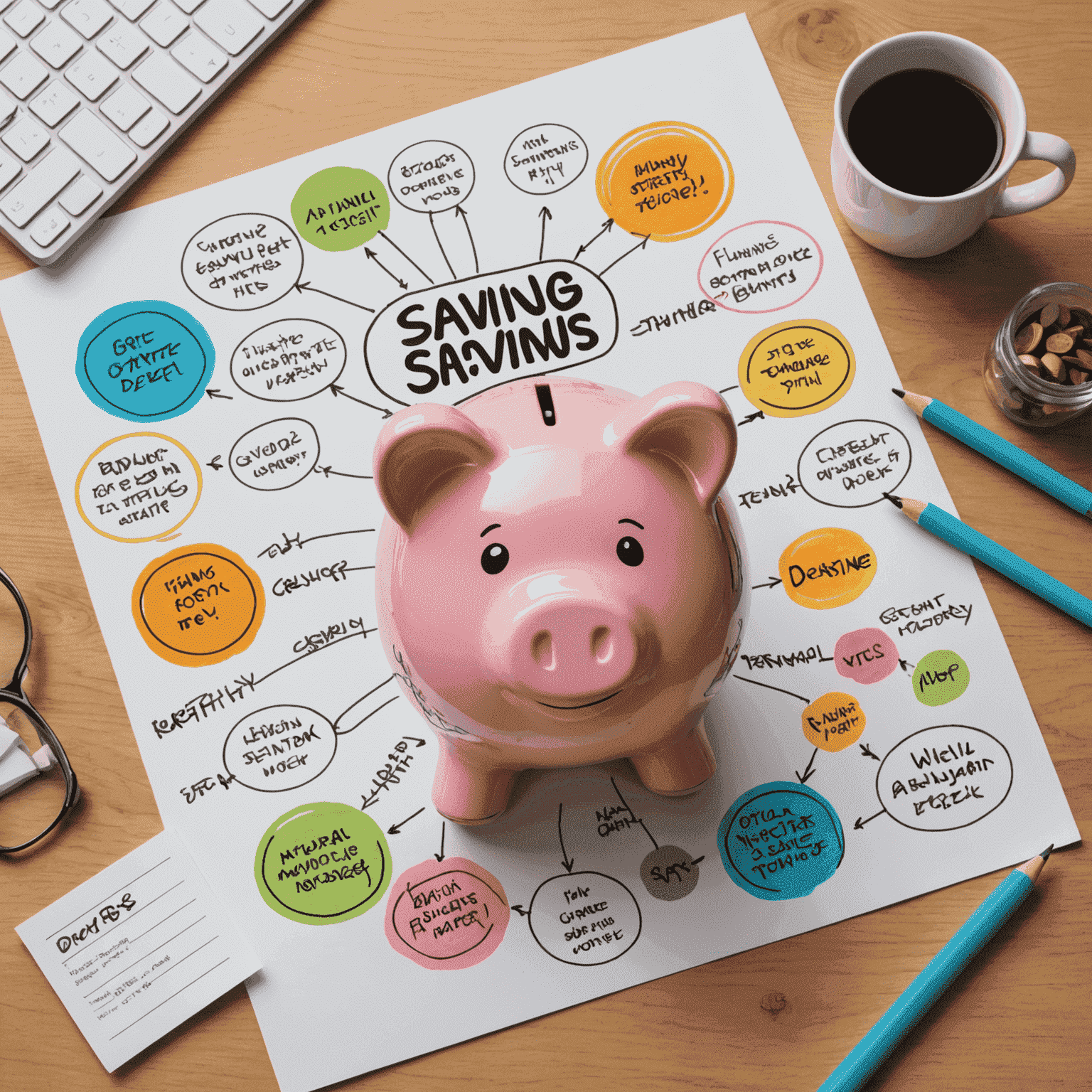 A mind map illustrating the psychology of saving money, with templates and positive affirmations surrounding a central piggy bank