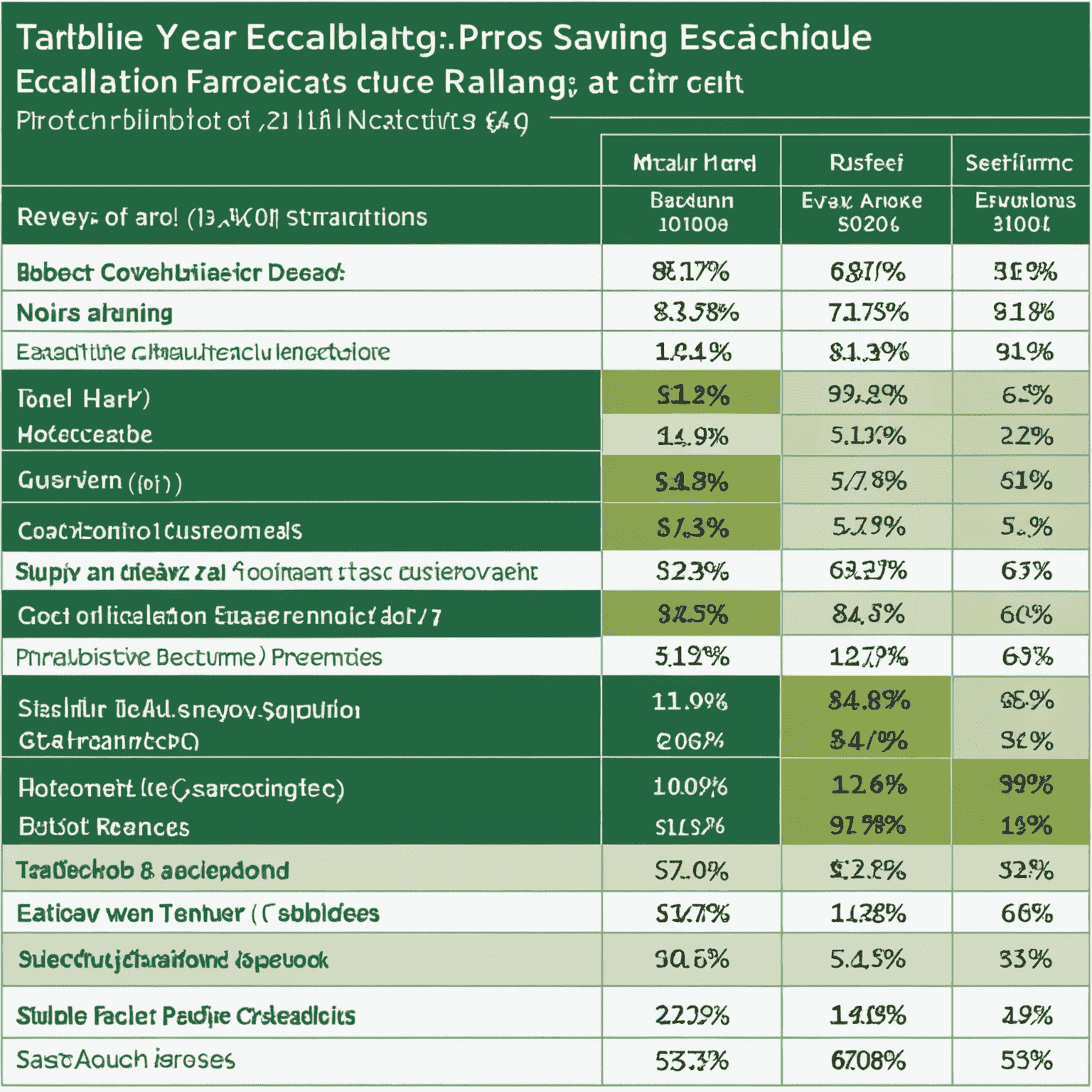 A table showing a multi-year savings escalation schedule with increasing contribution percentages and projected savings growth